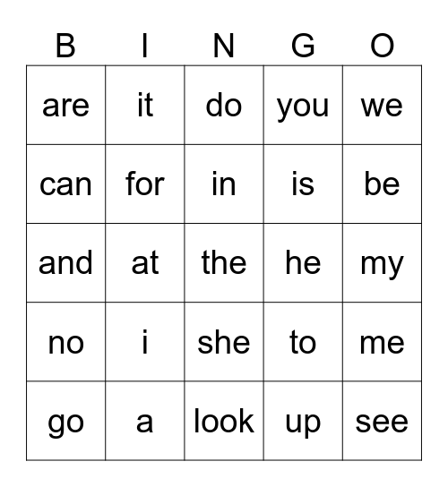 sight words Bingo Card