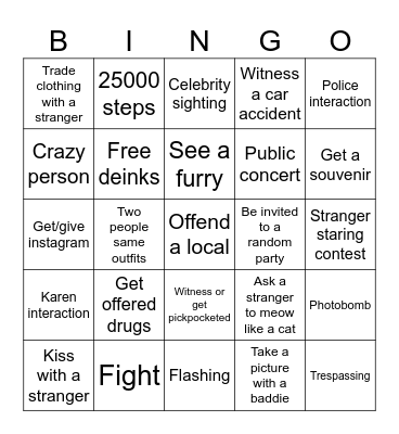 Crazy Travel Bingo Card