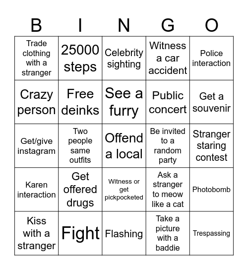 Crazy Travel Bingo Card