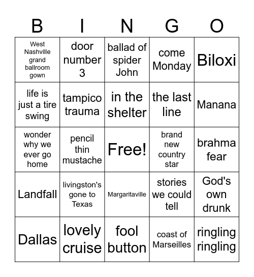 Jimmy Buffett Music Bingo Round #1 Bingo Card