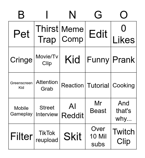 YT SHORT BINGO Card