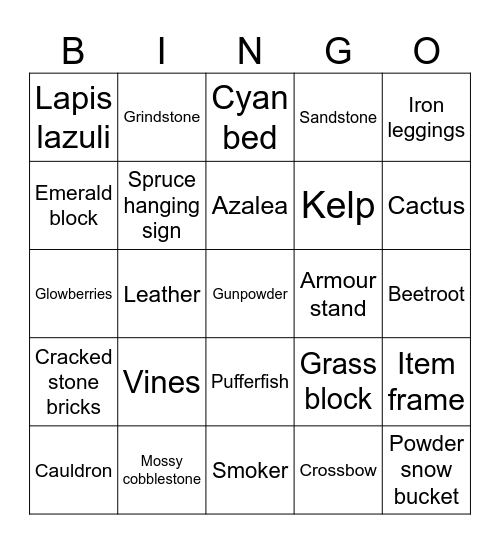 Minecraft items 2 Bingo Card