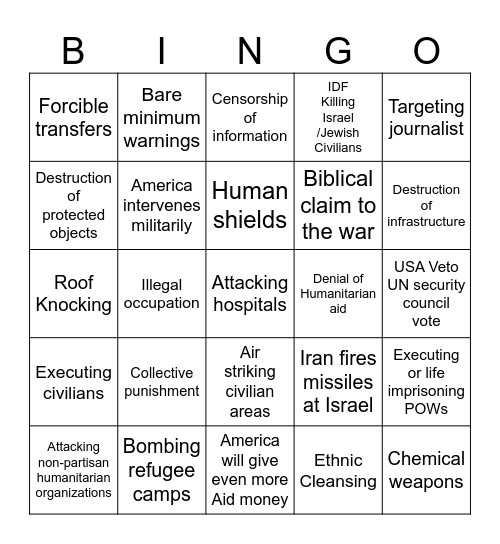 Israel vs Hezbollah war Bingo Card