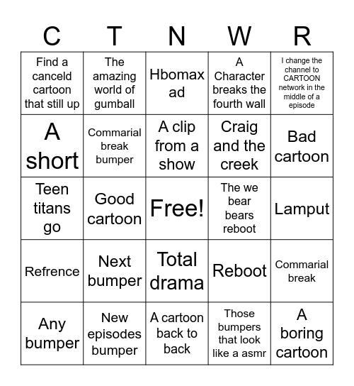 Cartoon Network bingo Card