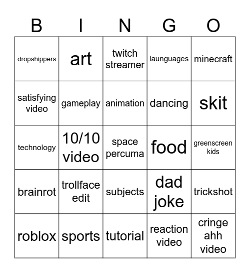 yt shorts card Bingo Card