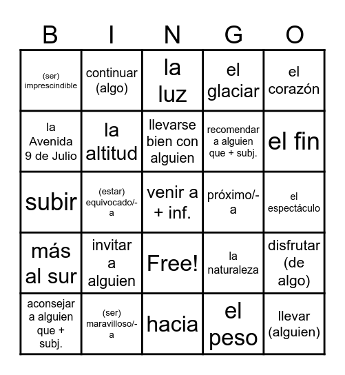 Unidad 1 ¡Descubre Argentina! Bingo Card