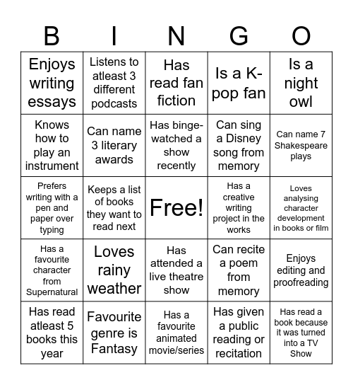 The Lit Club Bingo Card