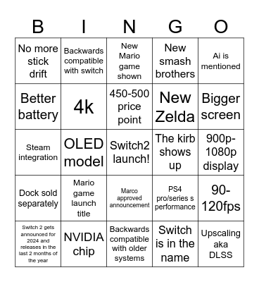 Switch 2 bingo Card