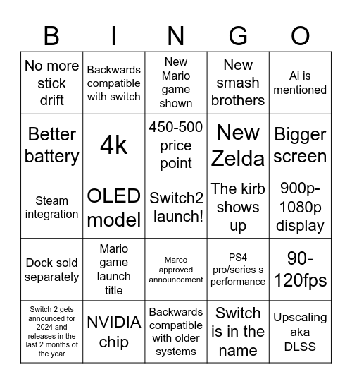 Switch 2 bingo Card