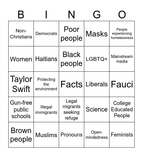 Evangelical Hate Bingo Card