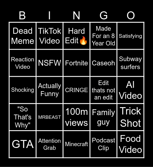 YouTube Shorts Bingo Card