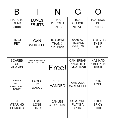 GETTING TO KNOW YOU Bingo Card