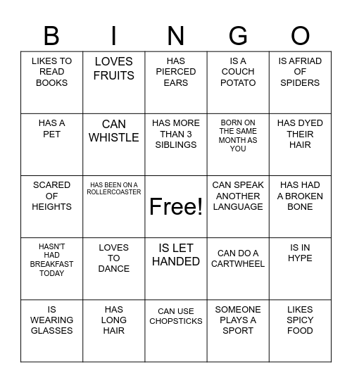 GETTING TO KNOW YOU Bingo Card