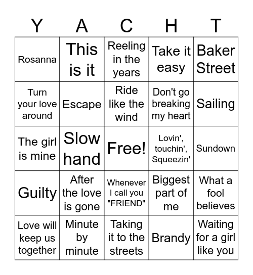 Yacht Rock Bingo Card