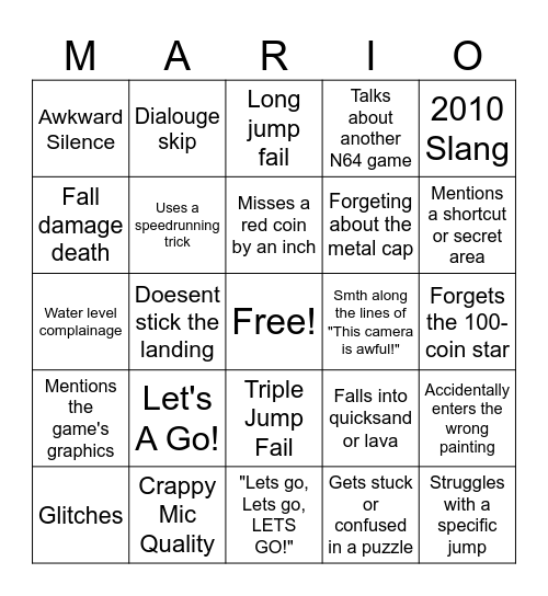 Super Mario 64 Walkthrough Bingo Card