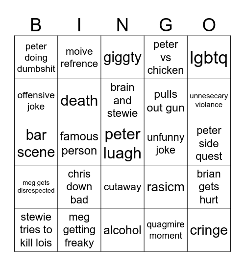 family guy Bingo Card