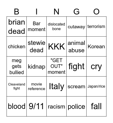 family guy Bingo Card