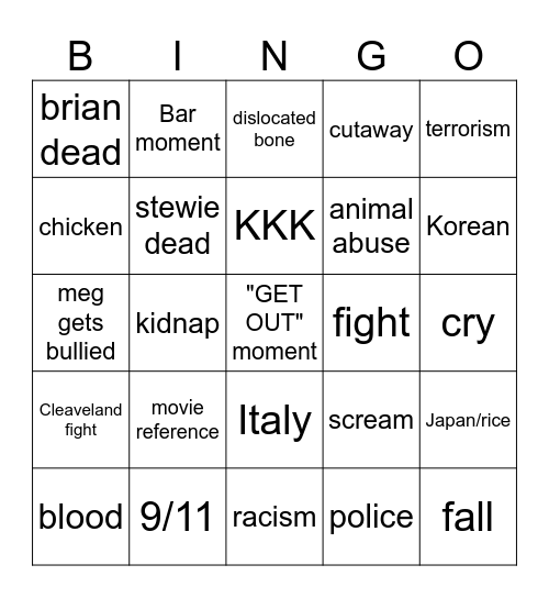 family guy Bingo Card