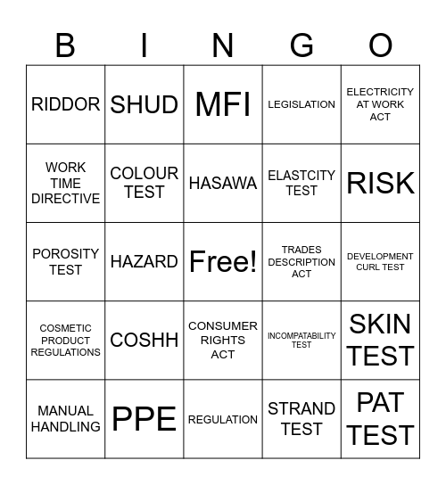 Health and Safety Bingo Card