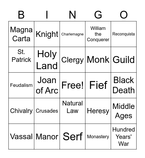 MIDDLE AGES Bingo Card