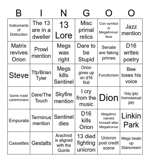 TF One Bingo Card