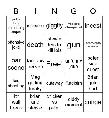 Family guy bingo Card