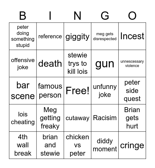 Family guy bingo Card