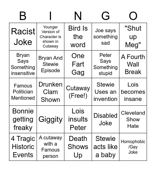 Family Guy Bingo Card