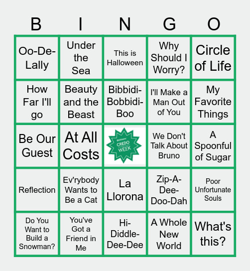 Disney Musical Bingo Card