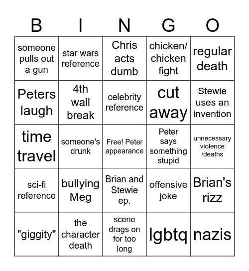 Family Guy Bingo Card