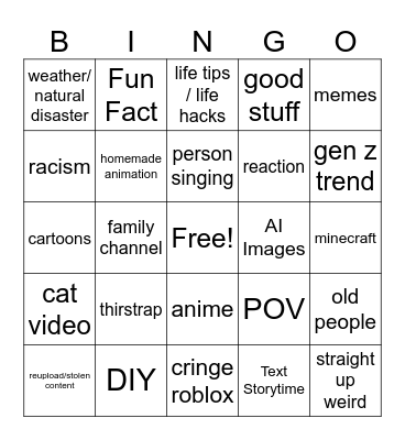 YouTube Shorts Bingo Card