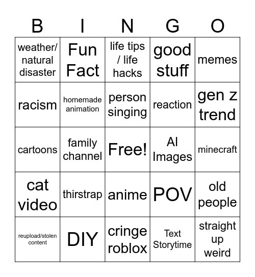 YouTube Shorts Bingo Card