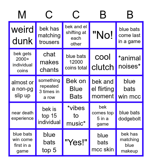 TRSD MCC Blue Bats (Beks POV) Bingo Card