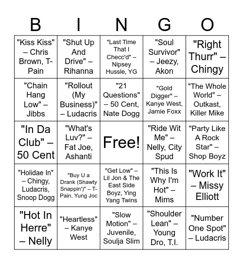 2000s Hip Hop Music Bingo Round #1 Bingo Card