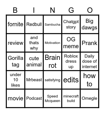 YT shorts bingo Card