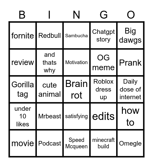 YT shorts bingo Card