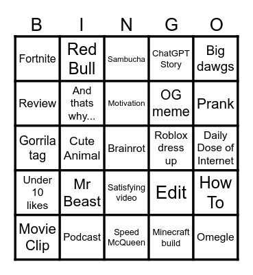 Youtube Shorts Bingo Card