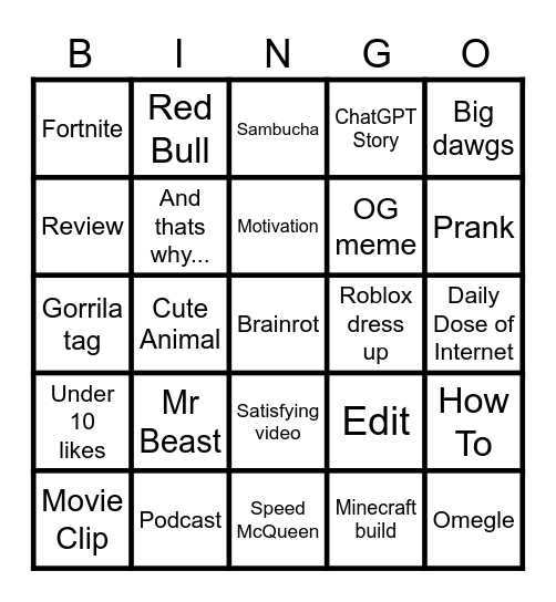 Youtube Shorts Bingo Card