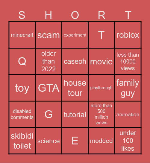 youtoo shorts bingoe Bingo Card