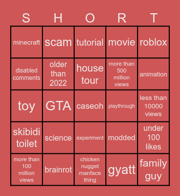youtoo shorts bingoe Bingo Card