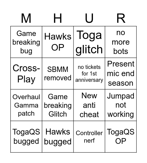 MHUR 1st Anniversary Bingo Card