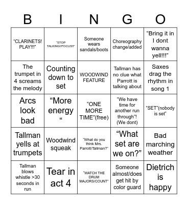 Marching Band Practice Bingo Card