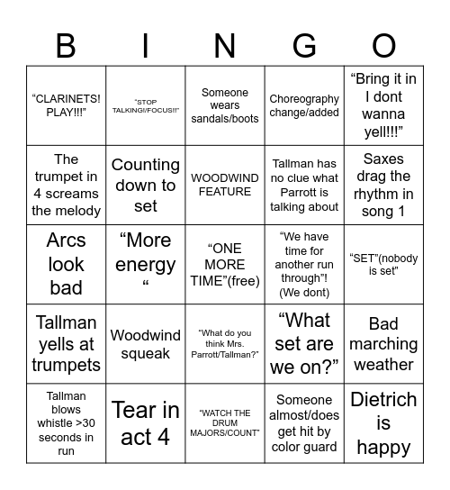 Marching Band Practice Bingo Card