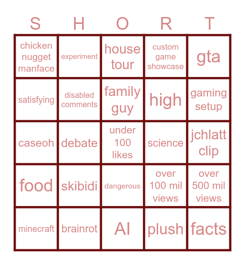 YT SHORT BINGO Card