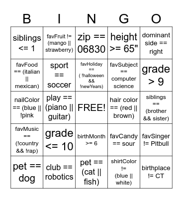 APCSP Boolean Bingo Card