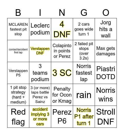 Singapore GP 2024 Bingo Card