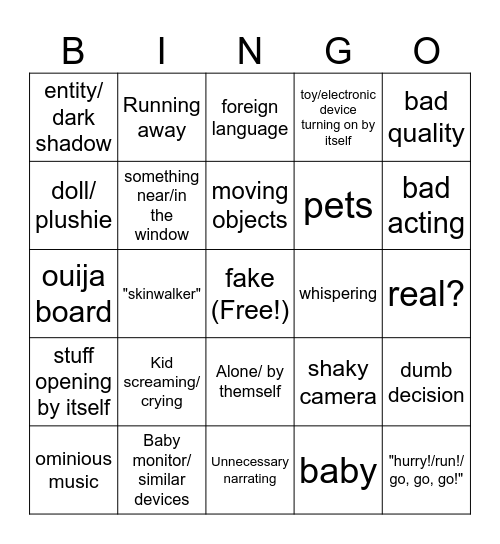 "Scary Videos Bingo" Bingo Card