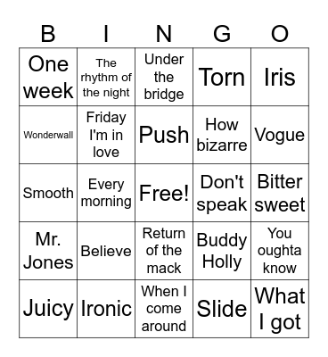 90s hits Bingo Card
