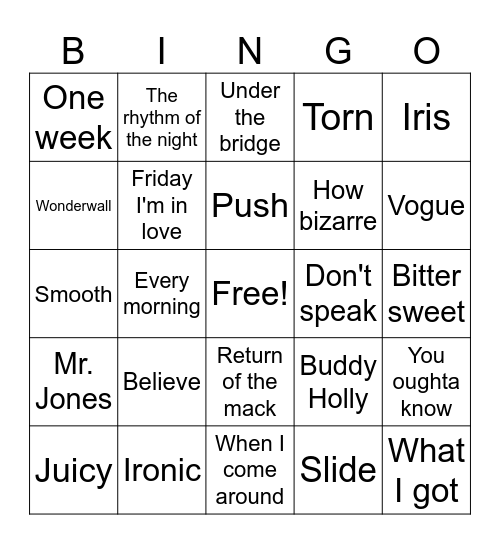 90s hits Bingo Card