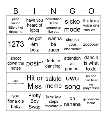 Tik Tok Bingo Card